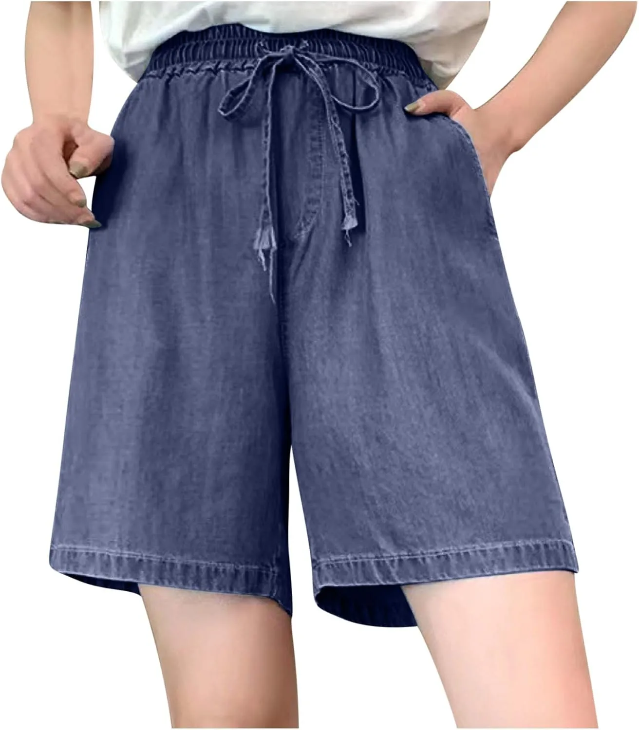 Bermuda Jean Shorts for Women High Waisted Lightweight Comfy Denim Shorts Casual Drawstring Elastic Waist Jean Shorts