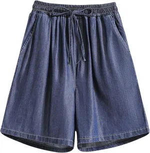 Bermuda Jean Shorts for Women High Waisted Lightweight Comfy Denim Shorts Casual Drawstring Elastic Waist Jean Shorts
