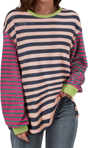 BLENCOT Women's Oversized Patchwork T Shirts Fall Long Sleeve Striped Color Block Loose Fit Pullover Tops