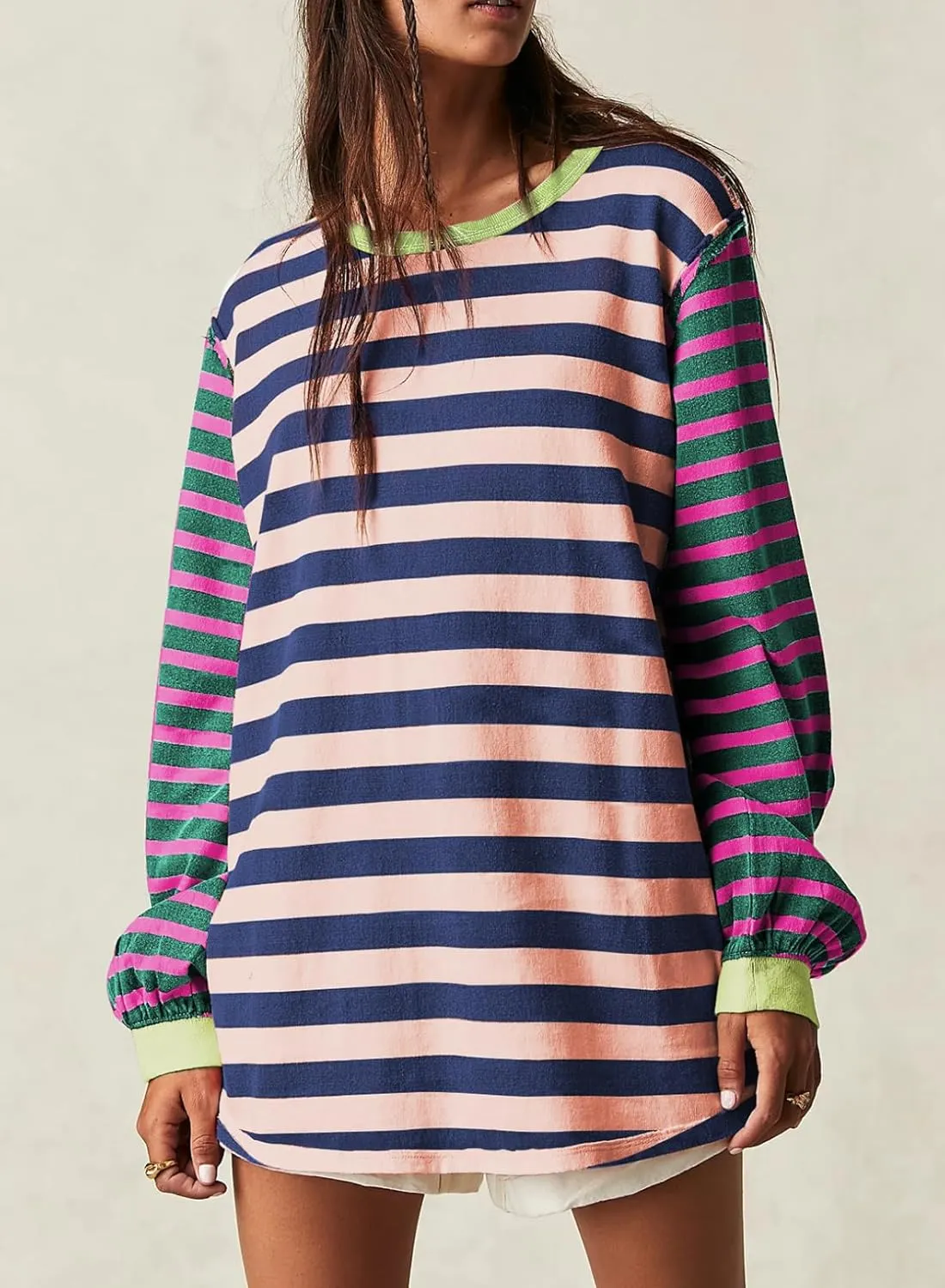 BLENCOT Women's Oversized Patchwork T Shirts Fall Long Sleeve Striped Color Block Loose Fit Pullover Tops