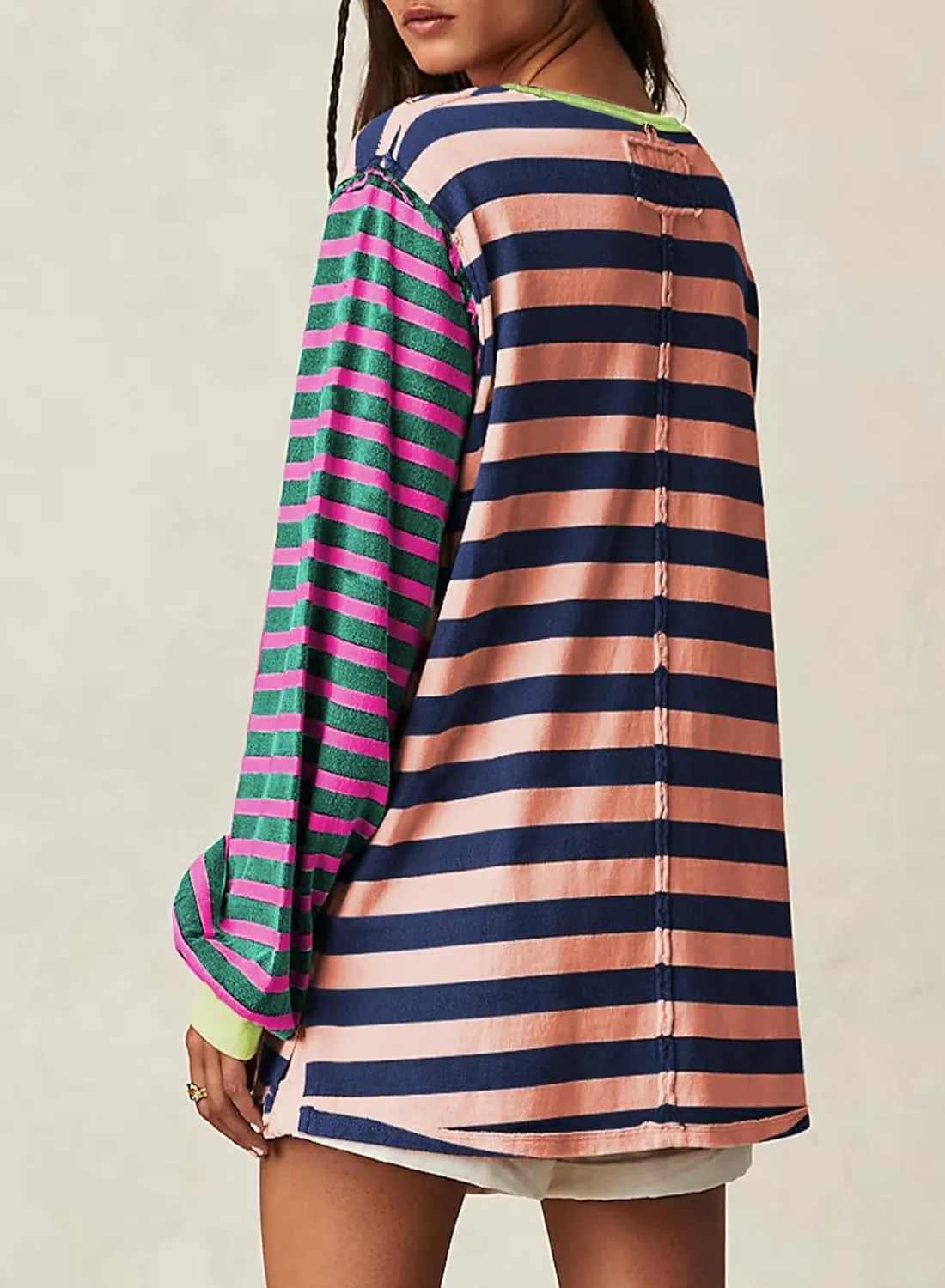 BLENCOT Women's Oversized Patchwork T Shirts Fall Long Sleeve Striped Color Block Loose Fit Pullover Tops