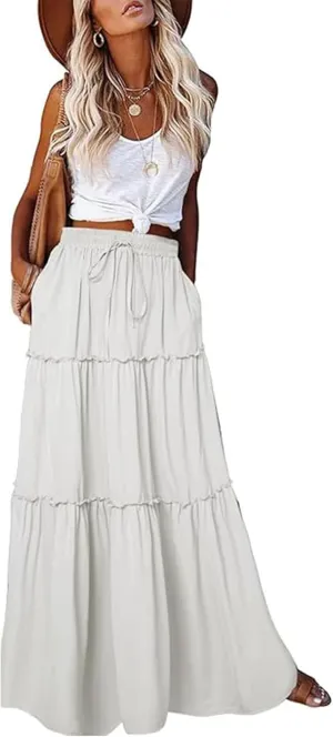 Boho Floral Skirt for Women High Waist A Line Flowy Tiered Skirts Summer Pleated Ruffle Long Maxi Skirt with Pockets