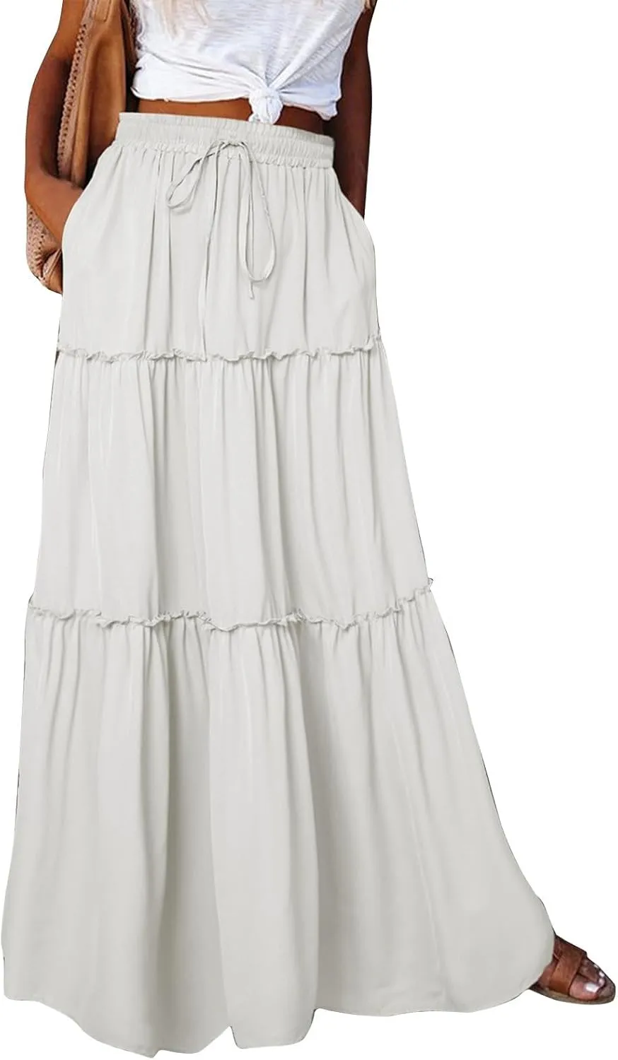 Boho Floral Skirt for Women High Waist A Line Flowy Tiered Skirts Summer Pleated Ruffle Long Maxi Skirt with Pockets