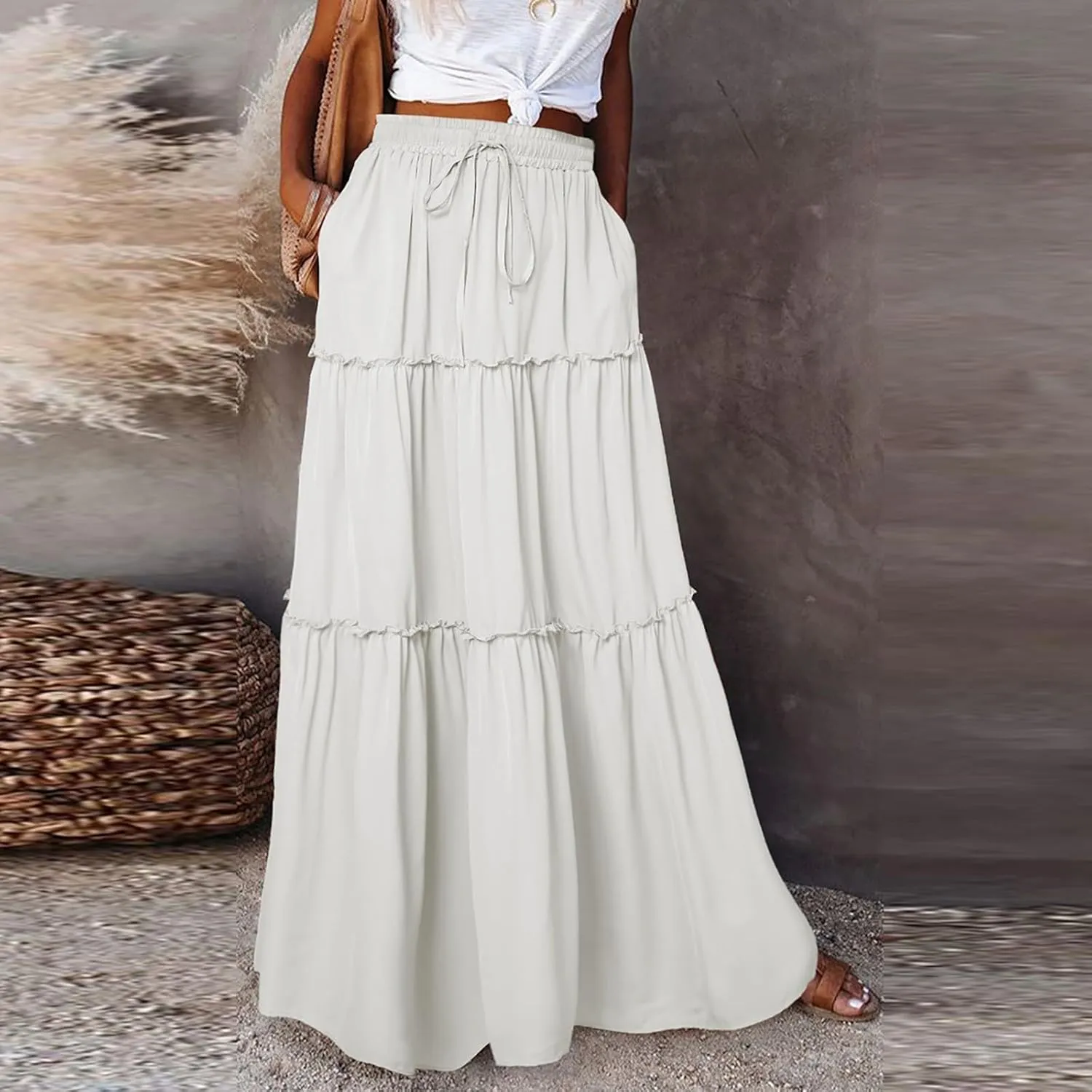 Boho Floral Skirt for Women High Waist A Line Flowy Tiered Skirts Summer Pleated Ruffle Long Maxi Skirt with Pockets