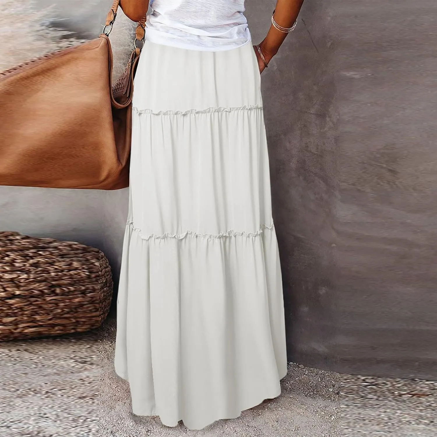 Boho Floral Skirt for Women High Waist A Line Flowy Tiered Skirts Summer Pleated Ruffle Long Maxi Skirt with Pockets