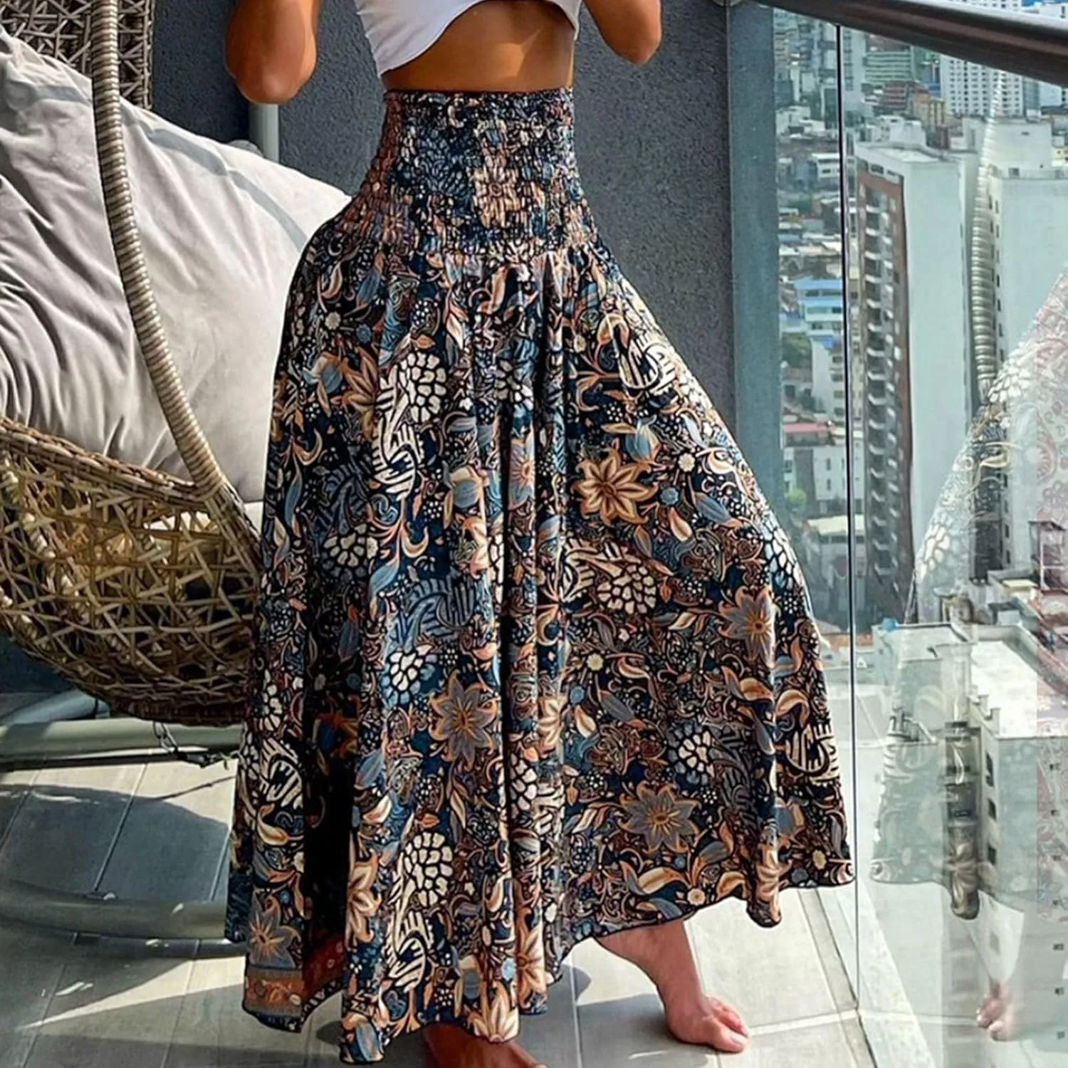Boho Maxi Skirts for Women 2025 Summer Elegant High Waisted Flowy Swing A-Line Floral Long Skirt