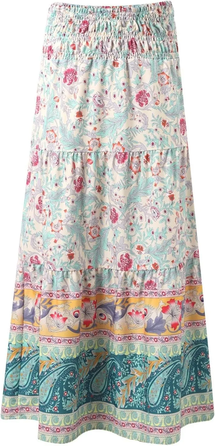 Boho Maxi Skirts for Women 2025 Summer Floral Printed Elastic High Waisted Swing A-Line Ruffle Long Skirt