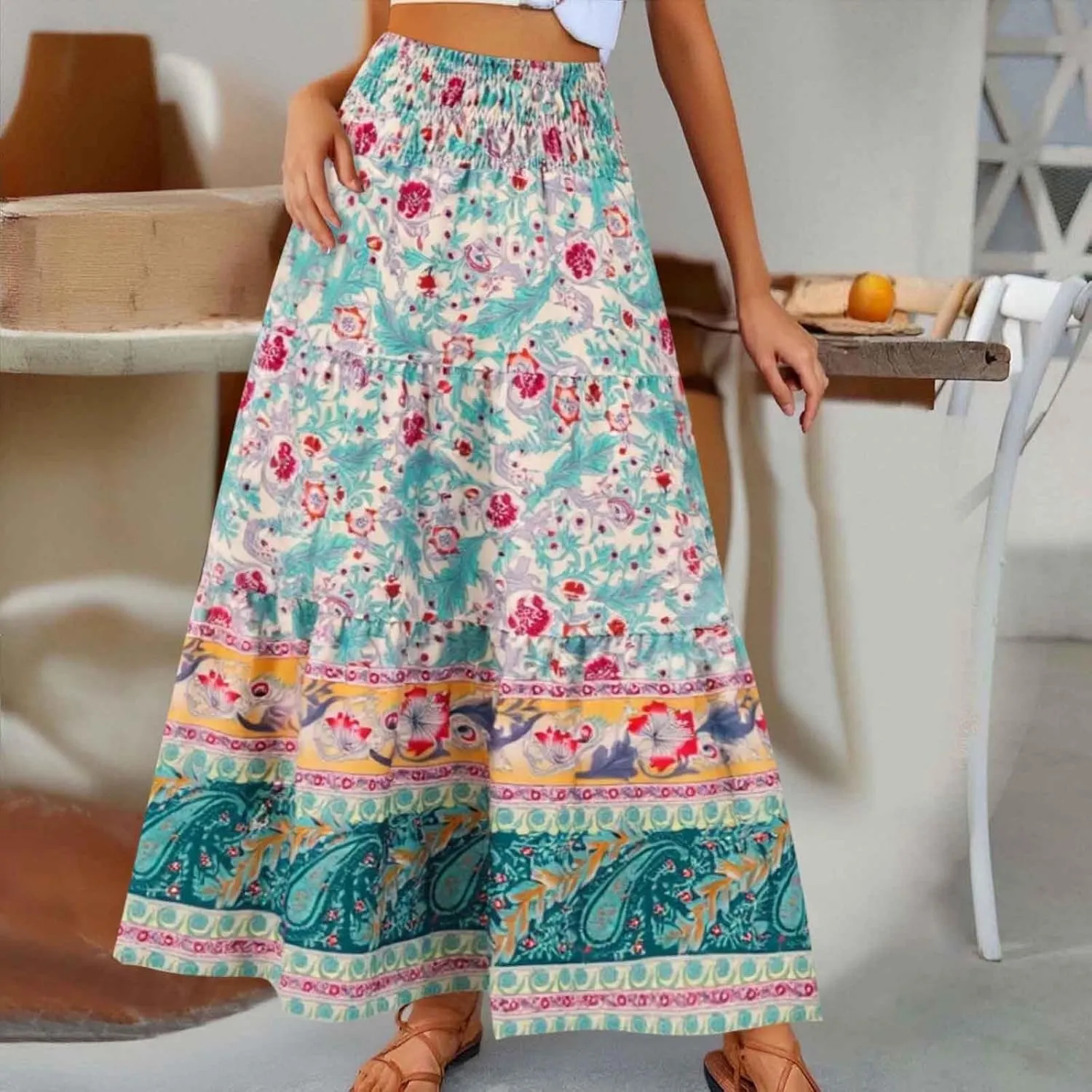 Boho Maxi Skirts for Women 2025 Summer Floral Printed Elastic High Waisted Swing A-Line Ruffle Long Skirt