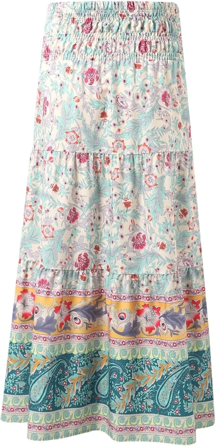 Boho Maxi Skirts for Women 2025 Summer Floral Printed Elastic High Waisted Swing A-Line Ruffle Long Skirt