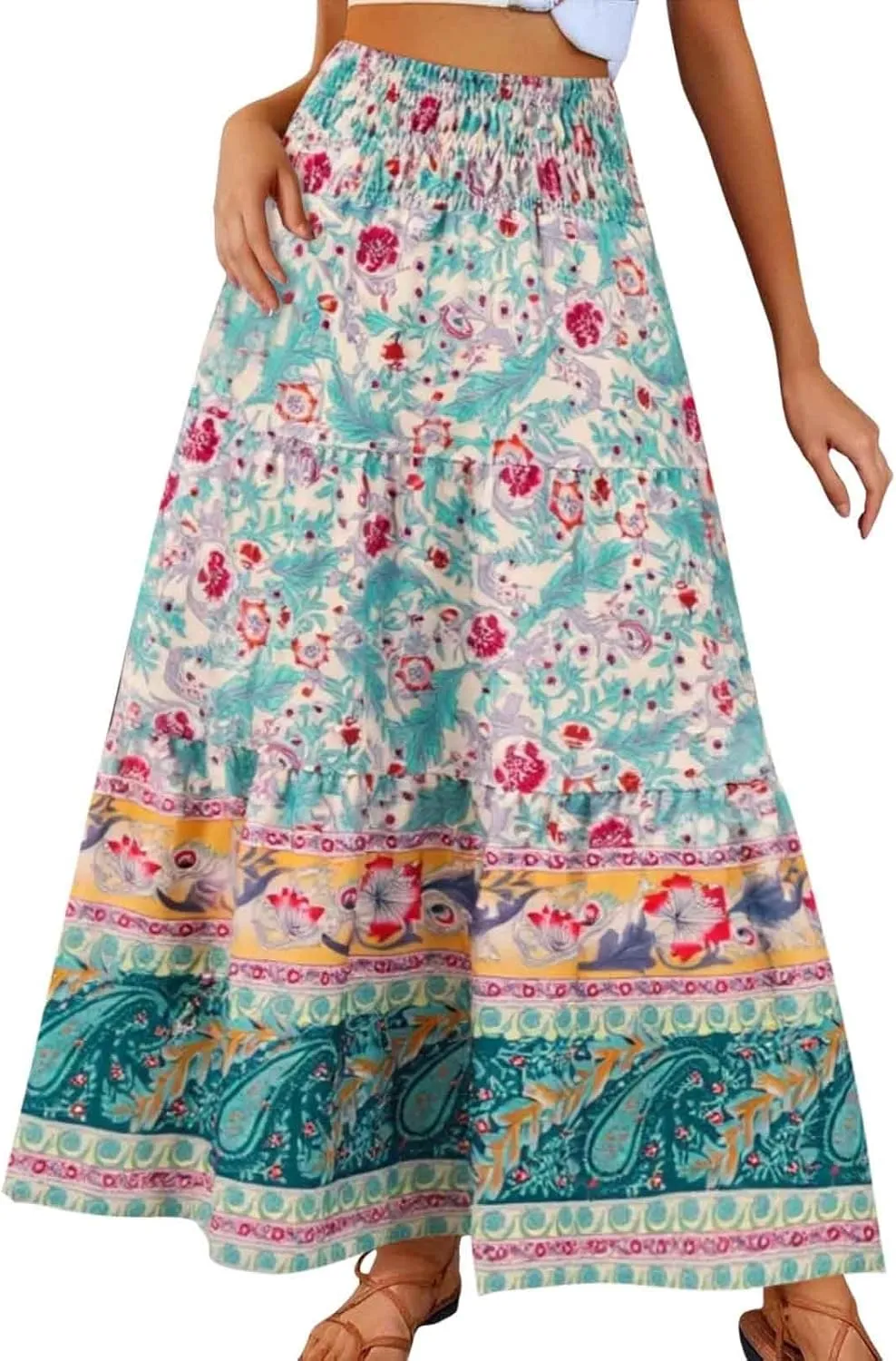 Boho Maxi Skirts for Women 2025 Summer Floral Printed Elastic High Waisted Swing A-Line Ruffle Long Skirt