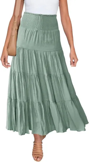 Boho Maxi Skirts for Women 2025 Summer High Waisted Flowy Swing A-Line Pleated Long Skirt