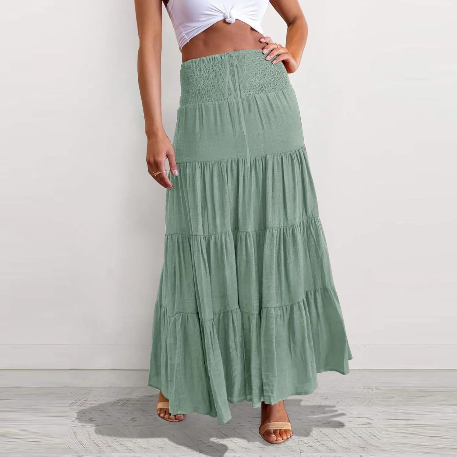 Boho Maxi Skirts for Women 2025 Summer High Waisted Flowy Swing A-Line Pleated Long Skirt