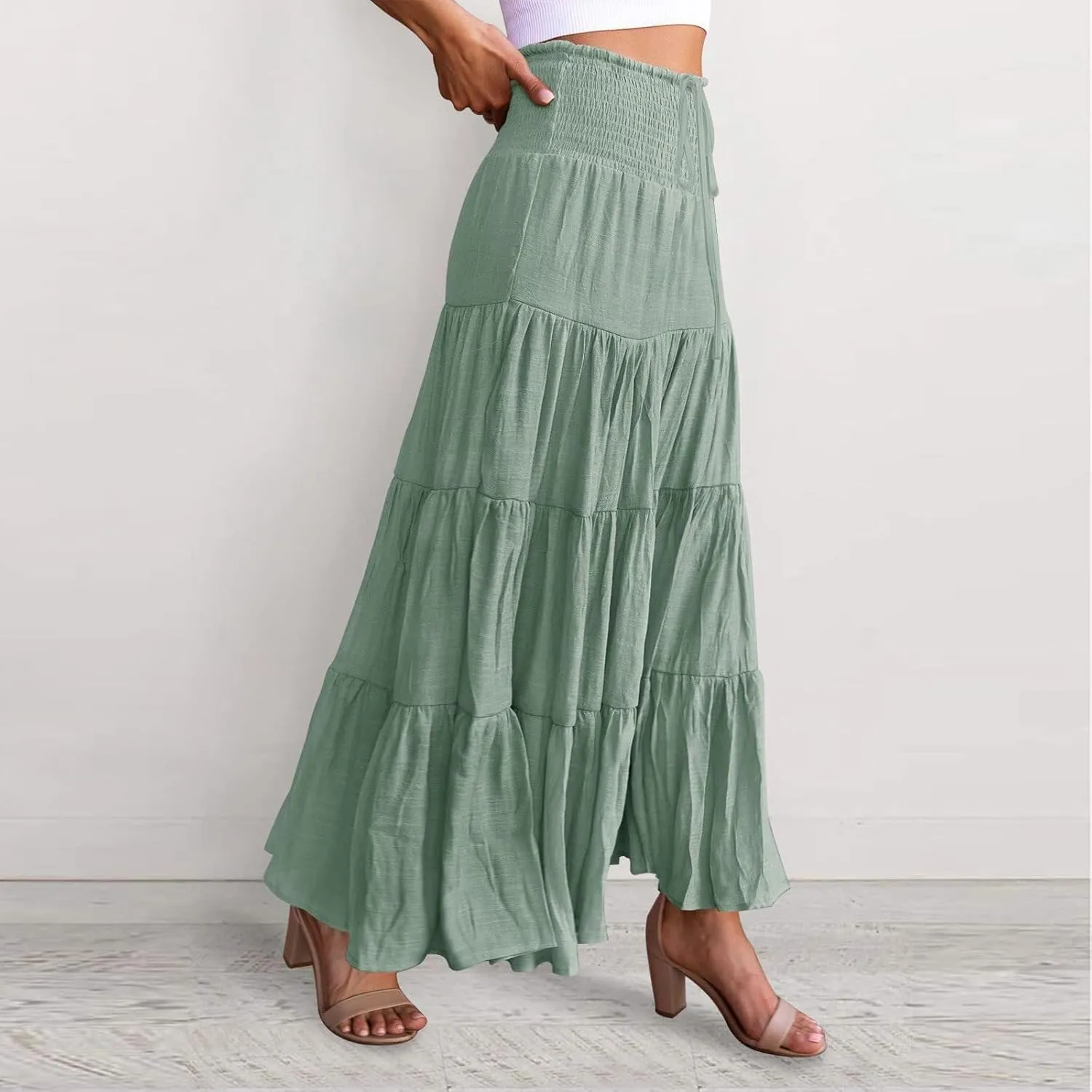 Boho Maxi Skirts for Women 2025 Summer High Waisted Flowy Swing A-Line Pleated Long Skirt