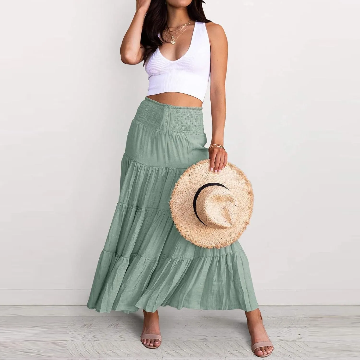 Boho Maxi Skirts for Women 2025 Summer High Waisted Flowy Swing A-Line Pleated Long Skirt