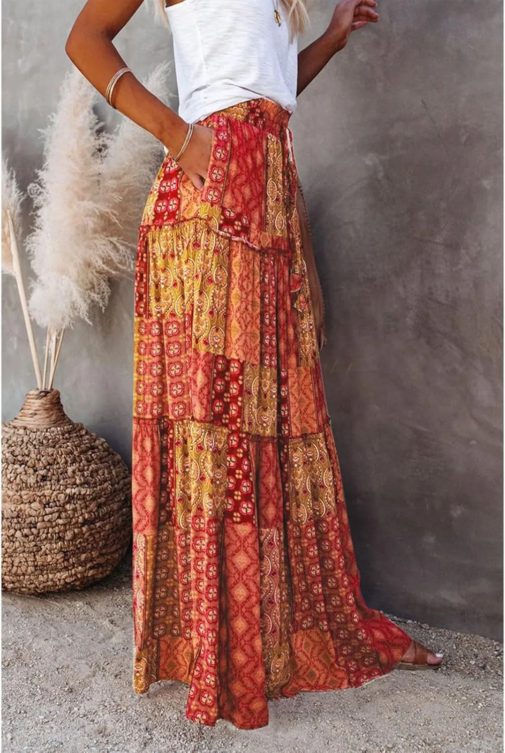 Boho Skirt for Women High Waist A Line Flowy Tiered Skirts Summer Floral Pleated Ruffle Long Maxi Skirt with Pockets
