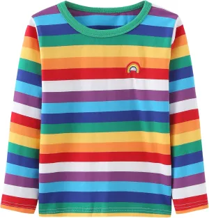 Boys Rainbow Striped Shirts for Kids Long Sleeve Cotton T-Shirts O-Neck Tops