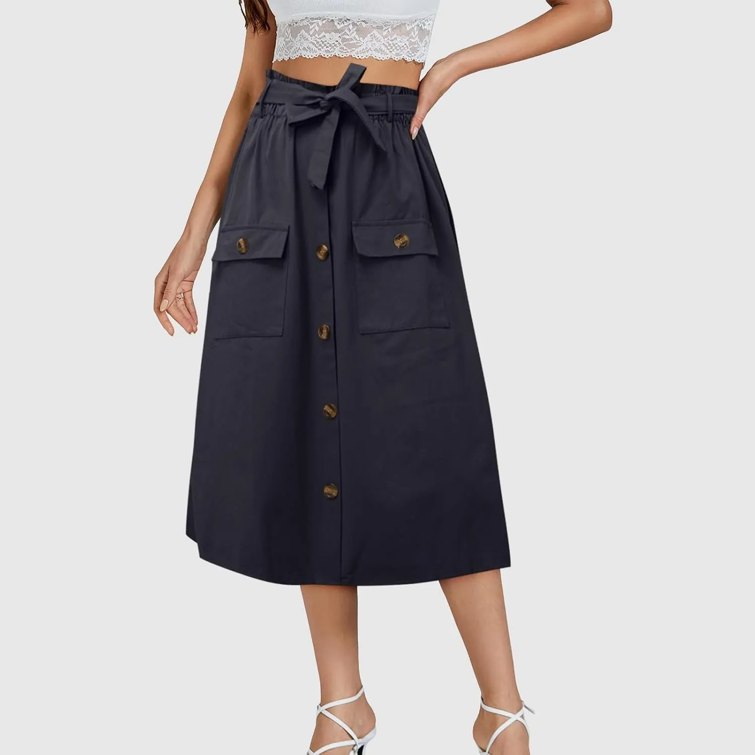 Cargo Midi Skirts for Women Drawstring Elastic High Waisted Long Skirt with Pockets 2025 Summer Y2K Vacation Clothes