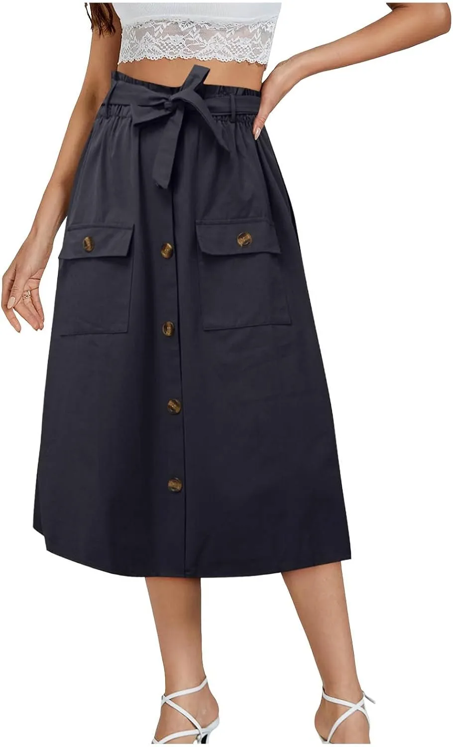 Cargo Midi Skirts for Women Drawstring Elastic High Waisted Long Skirt with Pockets 2025 Summer Y2K Vacation Clothes