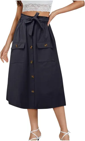 Cargo Midi Skirts for Women Drawstring Elastic High Waisted Long Skirt with Pockets 2025 Summer Y2K Vacation Clothes