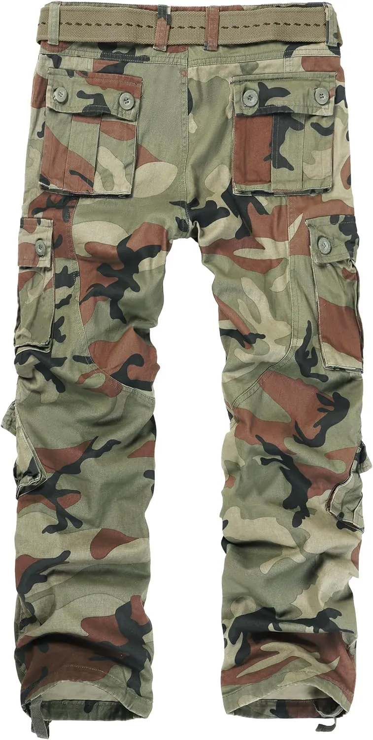 Cargo Pants for Men Casual Outdoor Relaxed Fit Camo Work Pants with 8 Pockets No Belt