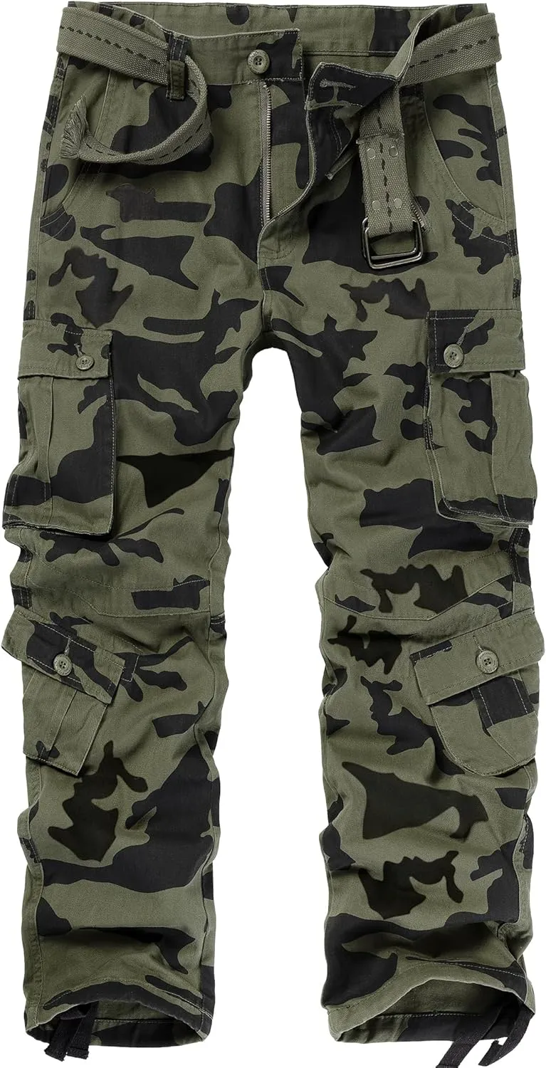 Cargo Pants for Men Casual Outdoor Relaxed Fit Camo Work Pants with 8 Pockets No Belt