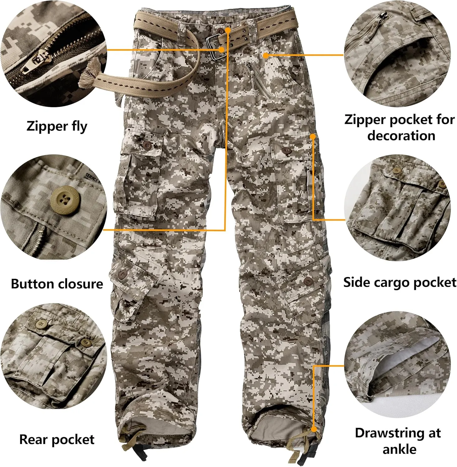 Cargo Pants for Men Casual Outdoor Relaxed Fit Camo Work Pants with 8 Pockets No Belt