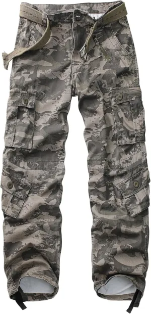 Cargo Pants for Men Casual Outdoor Relaxed Fit Camo Work Pants with 8 Pockets No Belt