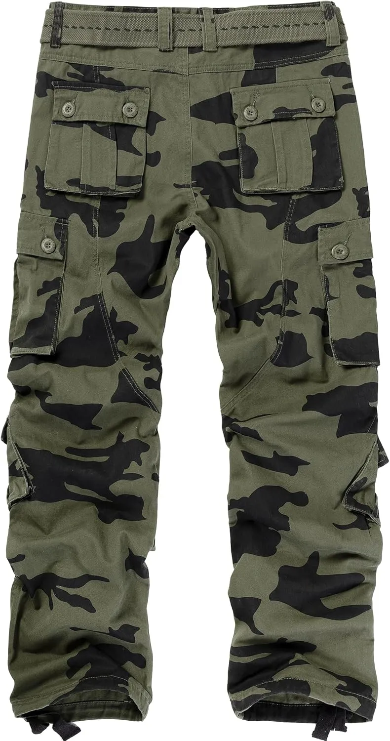 Cargo Pants for Men Casual Outdoor Relaxed Fit Camo Work Pants with 8 Pockets No Belt