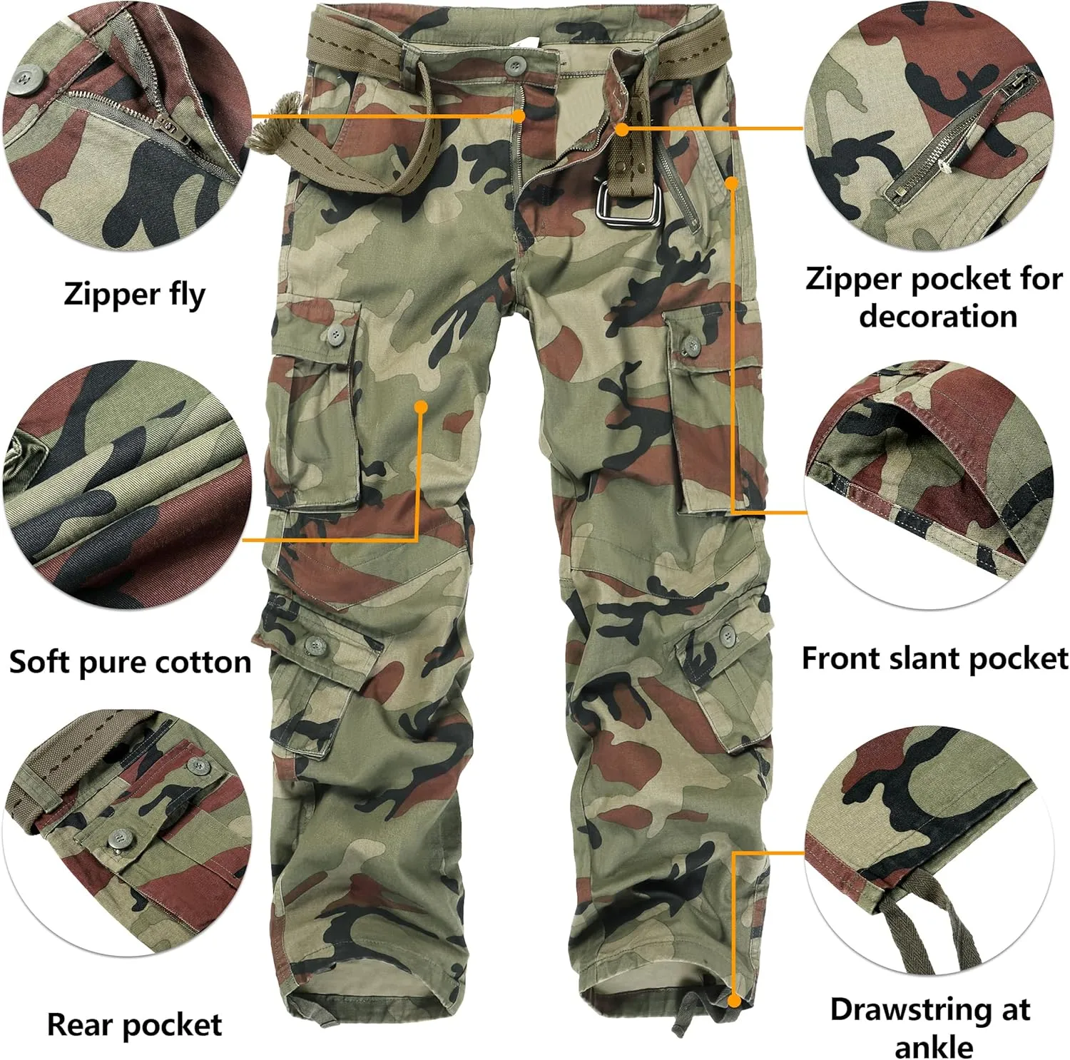 Cargo Pants for Men Casual Outdoor Relaxed Fit Camo Work Pants with 8 Pockets No Belt