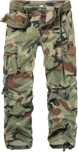 Cargo Pants for Men Casual Outdoor Relaxed Fit Camo Work Pants with 8 Pockets No Belt