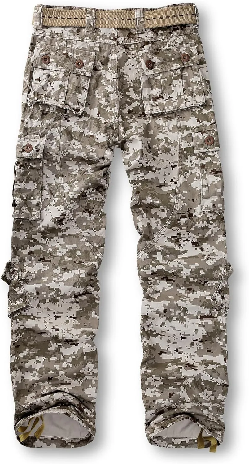 Cargo Pants for Men Casual Outdoor Relaxed Fit Camo Work Pants with 8 Pockets No Belt