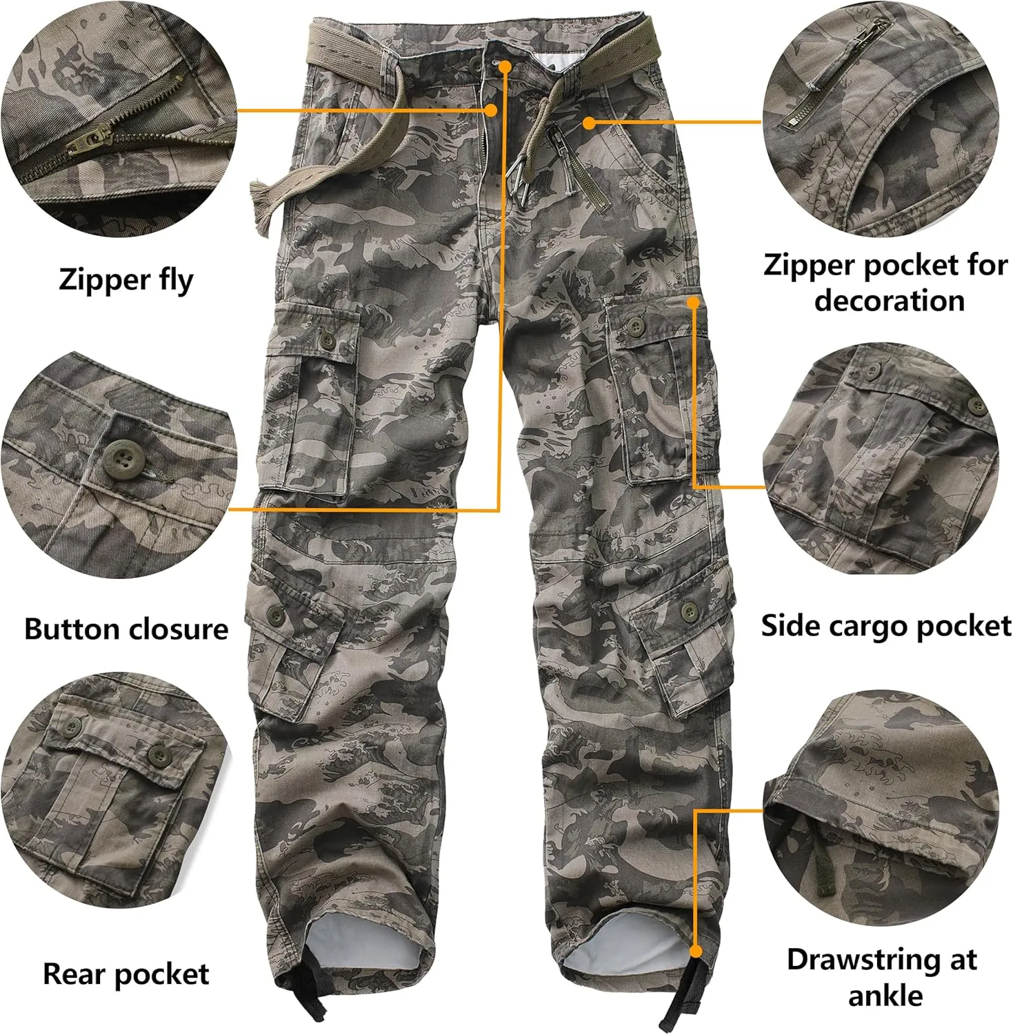 Cargo Pants for Men Casual Outdoor Relaxed Fit Camo Work Pants with 8 Pockets No Belt