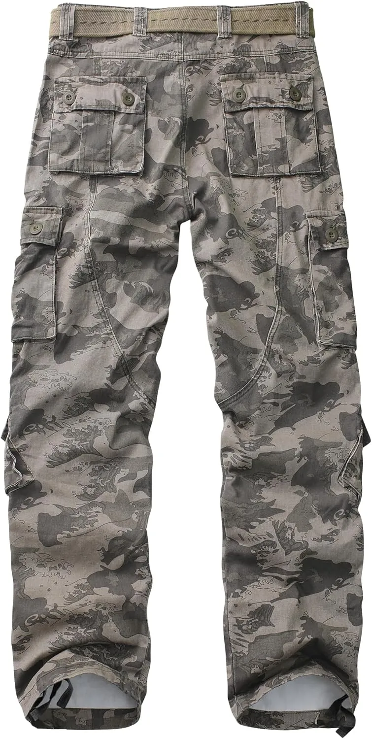Cargo Pants for Men Casual Outdoor Relaxed Fit Camo Work Pants with 8 Pockets No Belt