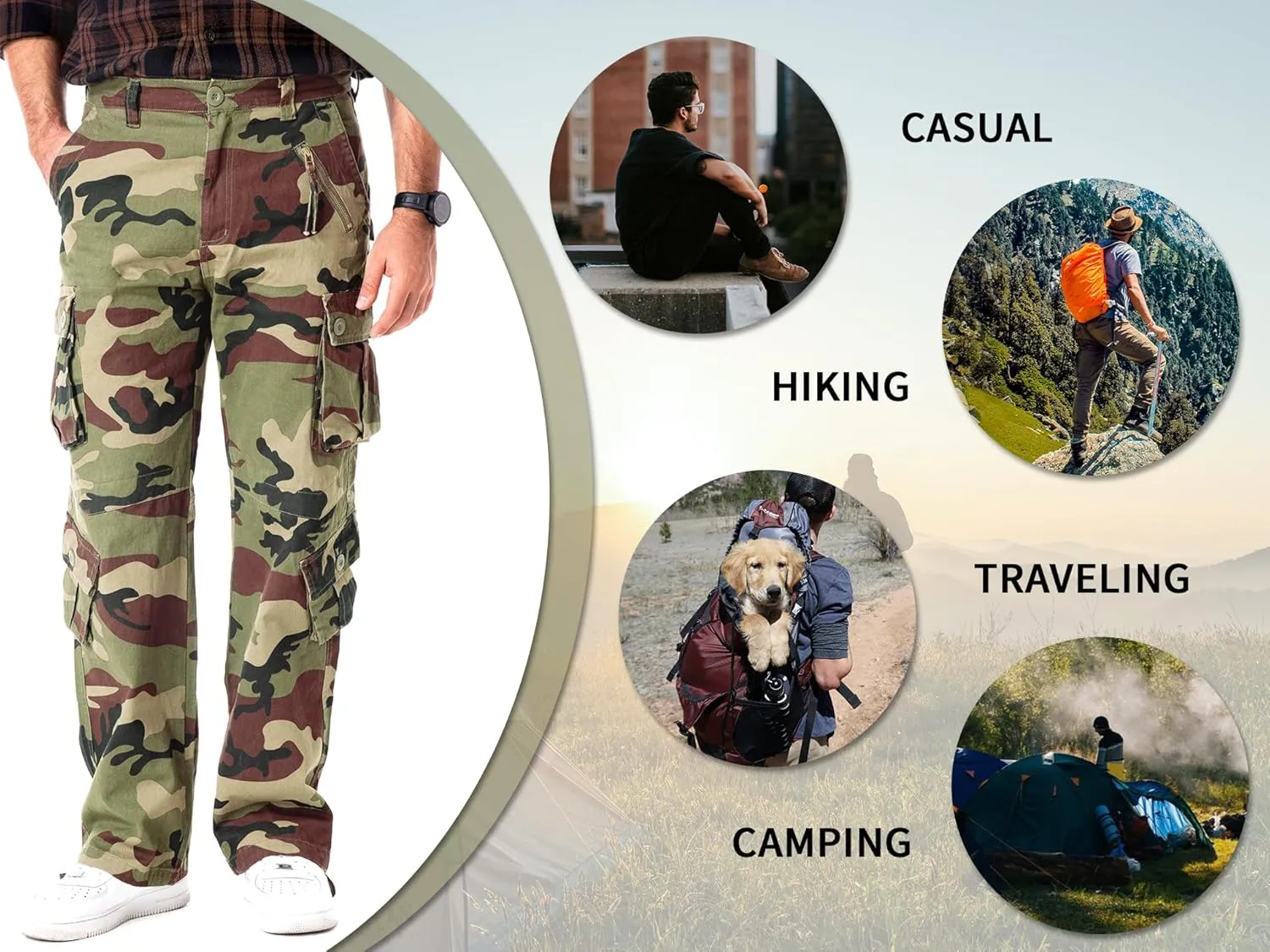 Cargo Pants for Men Casual Outdoor Relaxed Fit Camo Work Pants with 8 Pockets No Belt