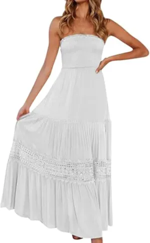 Casual Summer Dresses for Women 2025,Women's Elegant Summer Bohemian Strapless Off Shoulder Trim Beach Long Dresses