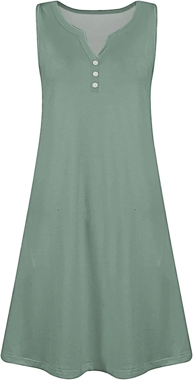 Casual Summer Dresses for Women 2025,Womens Solid Loose Fit Summer Boho Beach Dress V Neck Button Down Sundresses