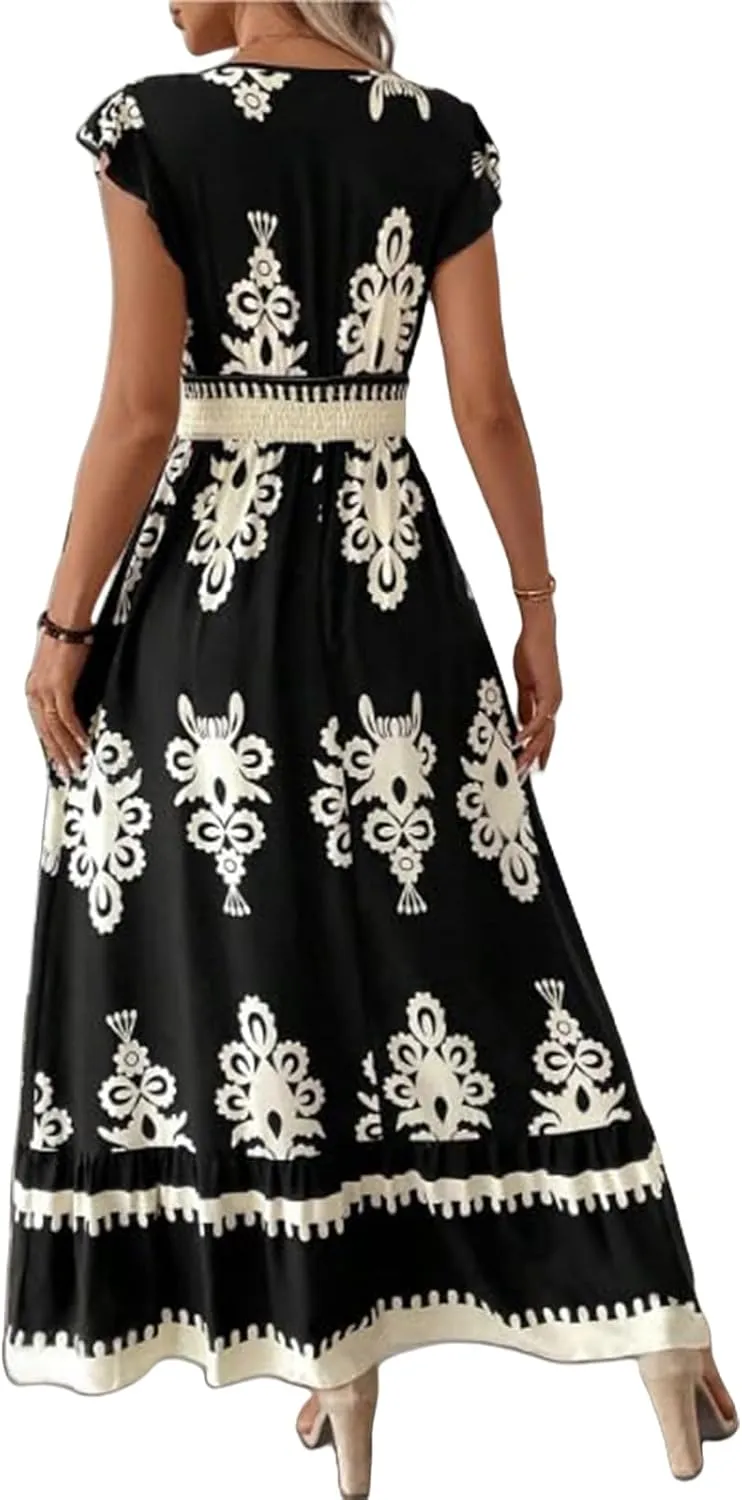 Cocktail Dresses for Women Boho Floral Maxi Dress V Neck Ruffle Bell Sleeve Smocked Waist Dress A-Line Swing Dresses