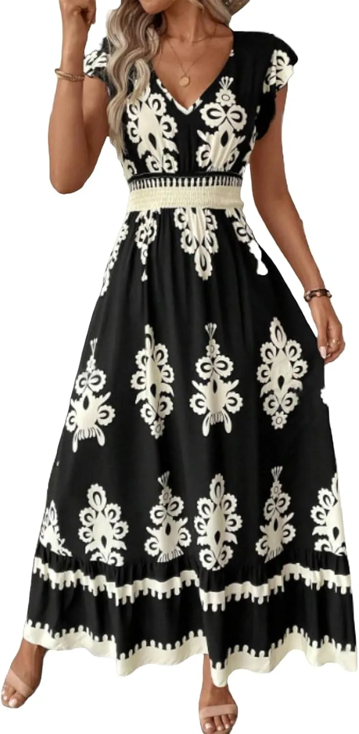 Cocktail Dresses for Women Boho Floral Maxi Dress V Neck Ruffle Bell Sleeve Smocked Waist Dress A-Line Swing Dresses
