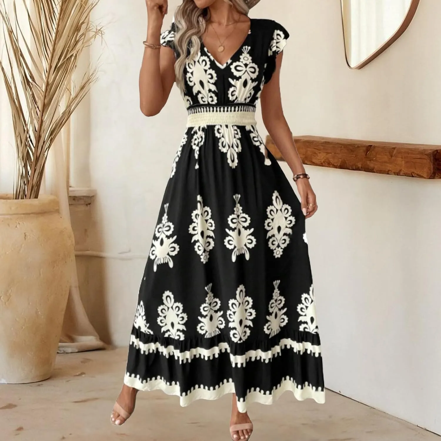 Cocktail Dresses for Women Boho Floral Maxi Dress V Neck Ruffle Bell Sleeve Smocked Waist Dress A-Line Swing Dresses