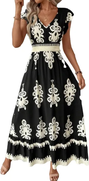 Cocktail Dresses for Women Boho Floral Maxi Dress V Neck Ruffle Bell Sleeve Smocked Waist Dress A-Line Swing Dresses