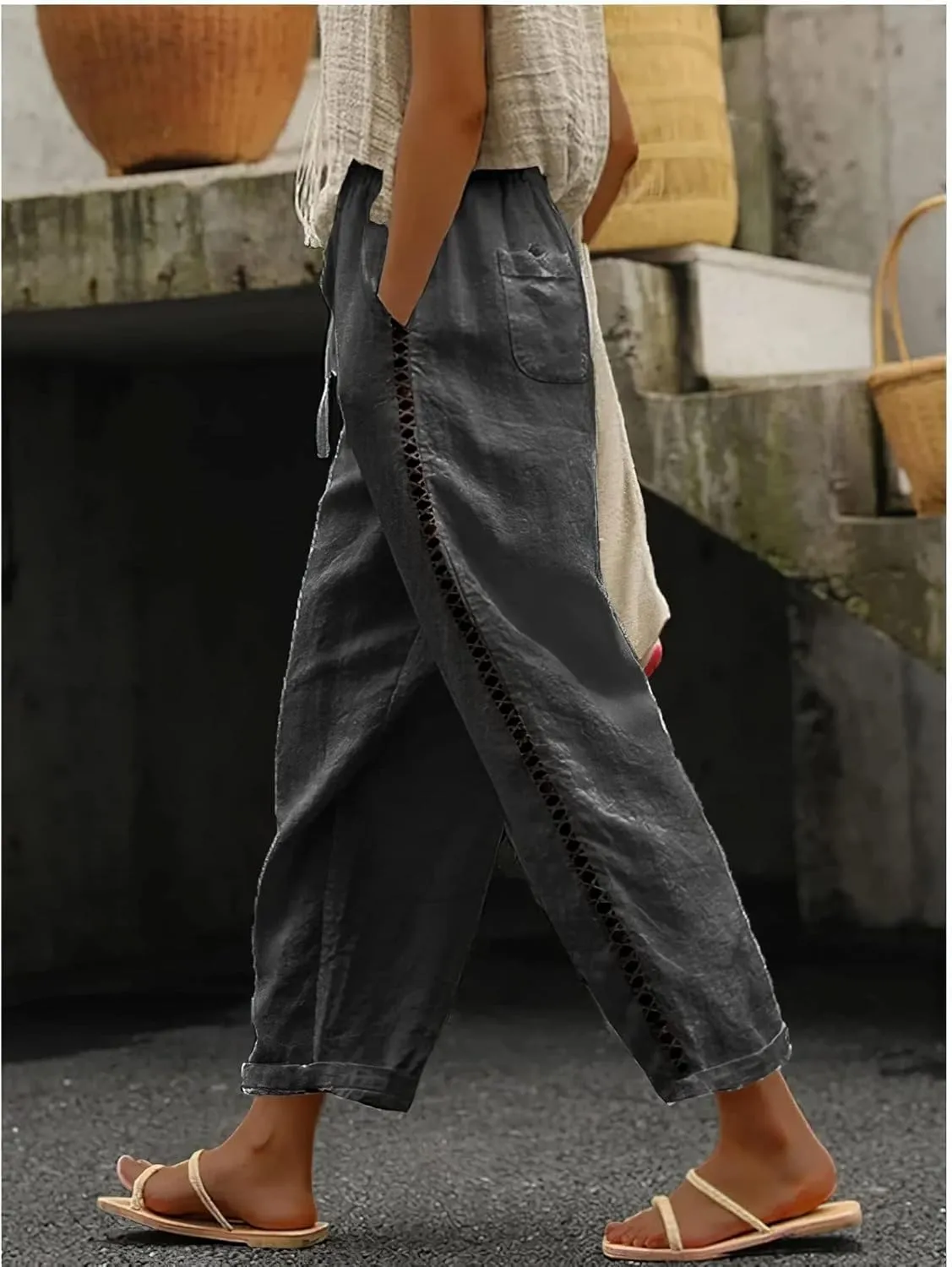 Costaric Casual Linen Pants Women's Summer Elastic Waist Crop Pants Straight Leg Beach Trousers with Pockets Relaxed Fit