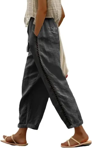 Costaric Casual Linen Pants Women's Summer Elastic Waist Crop Pants Straight Leg Beach Trousers with Pockets Relaxed Fit
