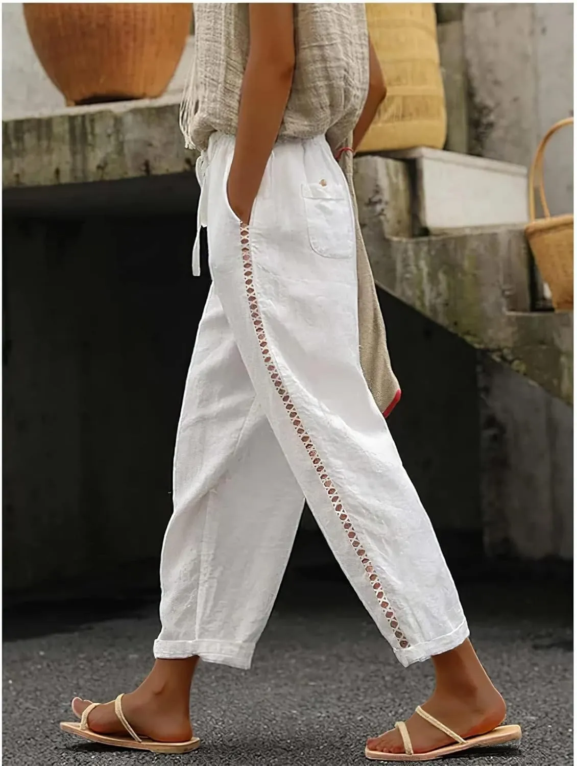Costaric Casual Linen Pants Women's Summer Elastic Waist Crop Pants Straight Leg Beach Trousers with Pockets Relaxed Fit