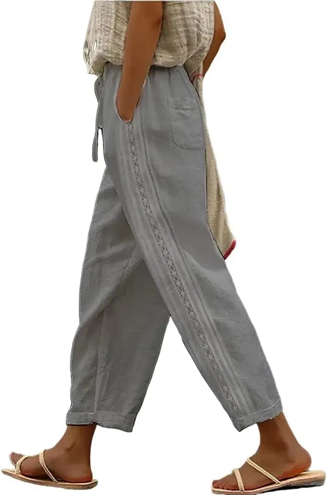 Costaric Casual Linen Pants Women's Summer Elastic Waist Crop Pants Straight Leg Beach Trousers with Pockets Relaxed Fit