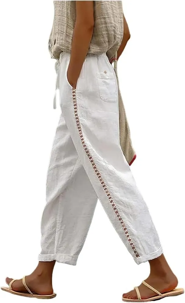 Costaric Casual Linen Pants Women's Summer Elastic Waist Crop Pants Straight Leg Beach Trousers with Pockets Relaxed Fit