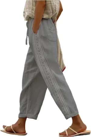 Costaric Casual Linen Pants Women's Summer Elastic Waist Crop Pants Straight Leg Beach Trousers with Pockets Relaxed Fit
