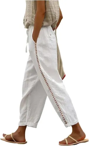 Costaric Casual Linen Pants Women's Summer Elastic Waist Crop Pants Straight Leg Beach Trousers with Pockets Relaxed Fit