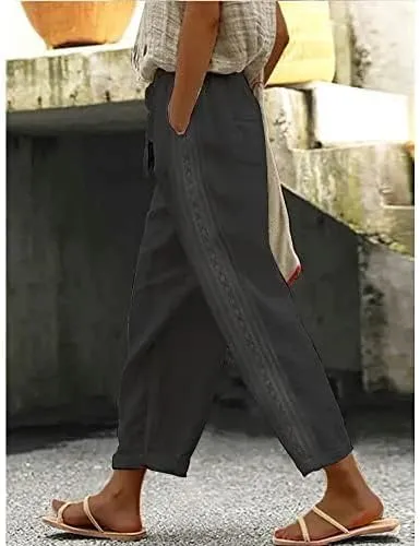 Costaric Casual Linen Pants Women's Summer Elastic Waist Crop Pants Straight Leg Beach Trousers with Pockets Relaxed Fit