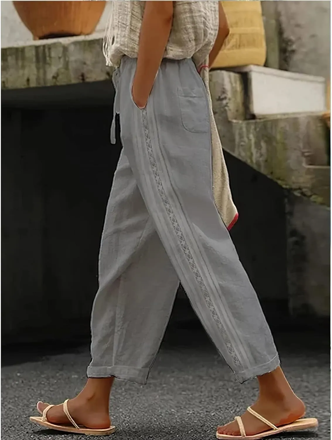 Costaric Casual Linen Pants Women's Summer Elastic Waist Crop Pants Straight Leg Beach Trousers with Pockets Relaxed Fit