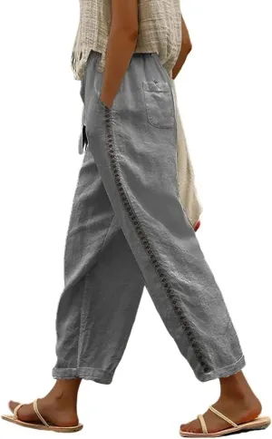 Costaric Casual Linen Pants Women's Summer Elastic Waist Crop Pants Straight Leg Beach Trousers with Pockets Relaxed Fit